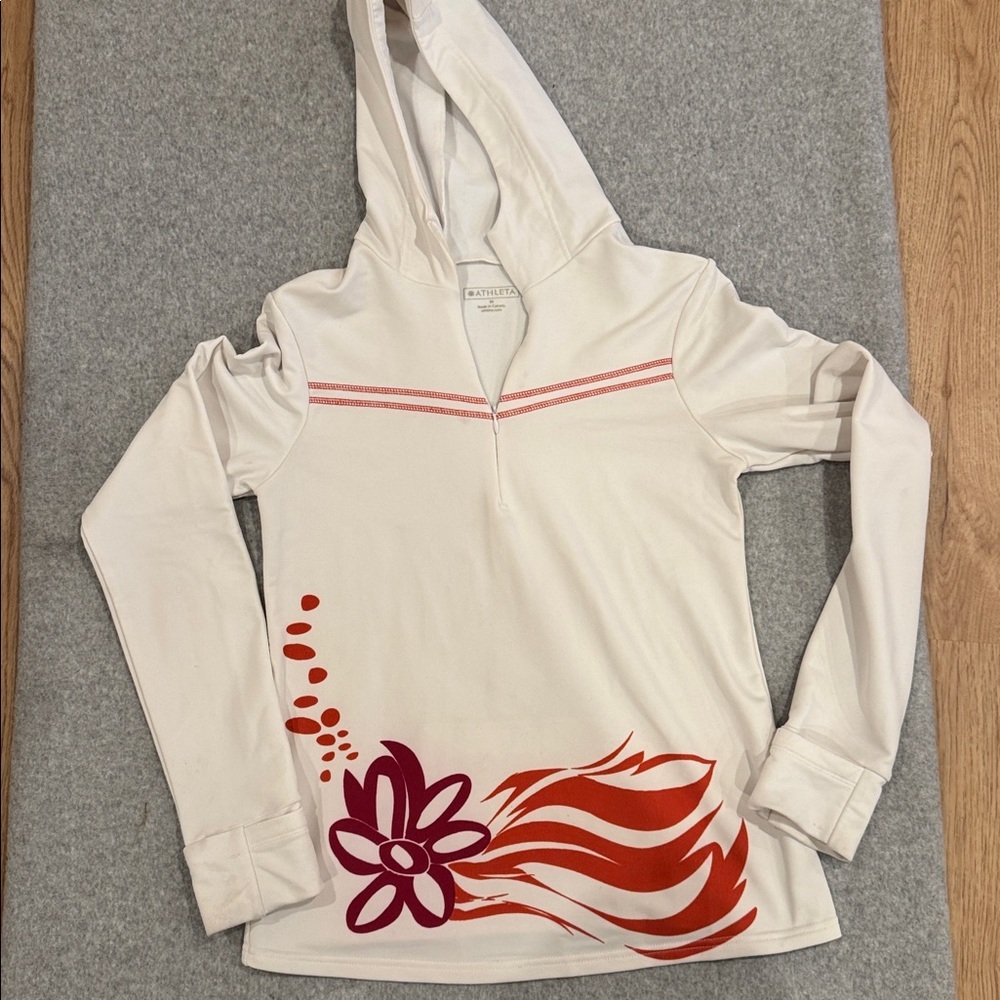 Athleta White Hoodie with Red and Orange Accents-Size M